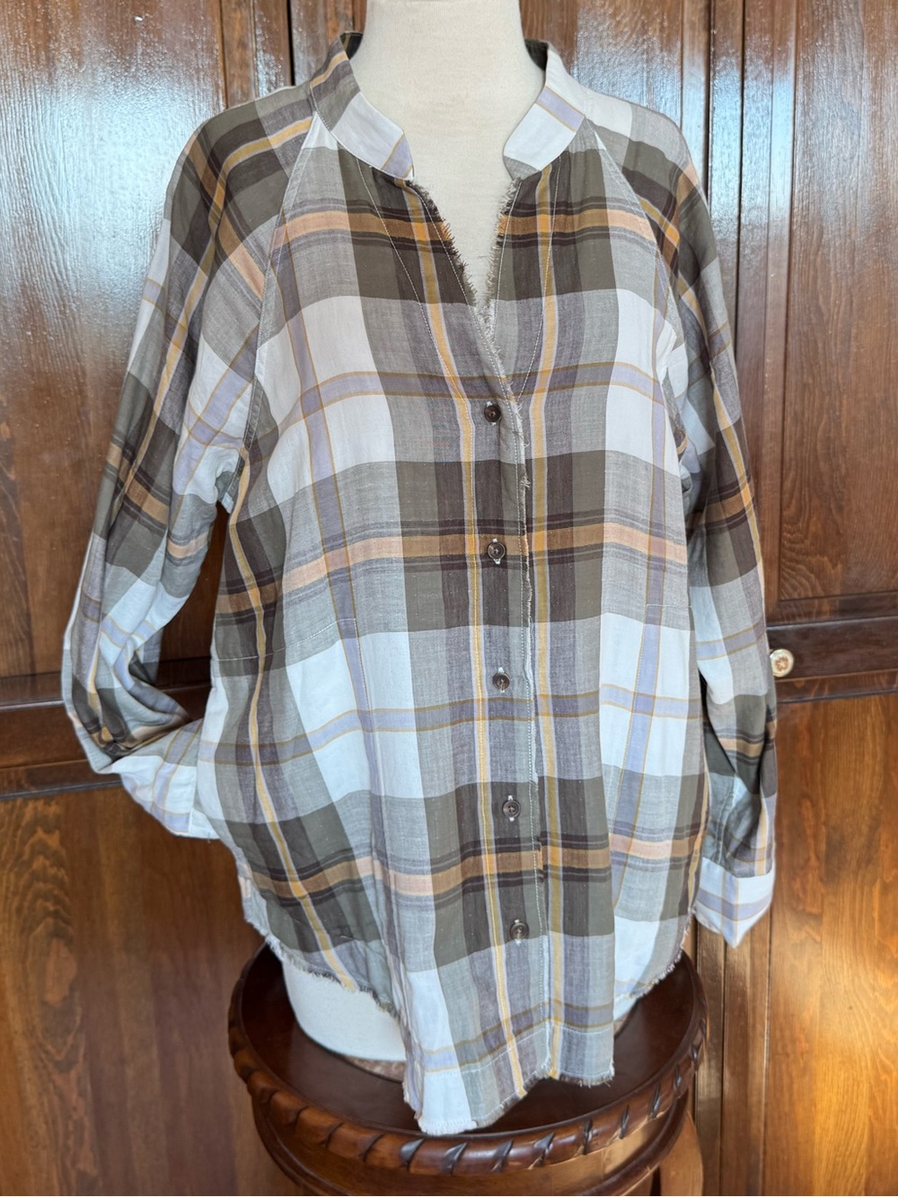 Cleo + Wolf Oversized Plaid Raw Edge Raglan Sleeve Western Button Up Shirt M